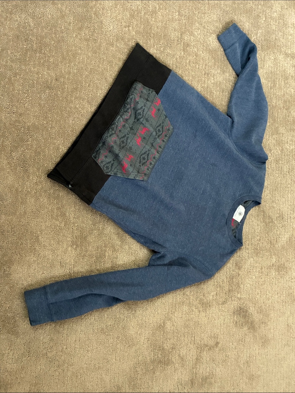 Vintage Blue Crewneck Sweater with Patterned Pocket